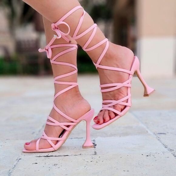Women's Pink Strappy Pyramid Heel Gladiator Sandals - Picture 2 of 5